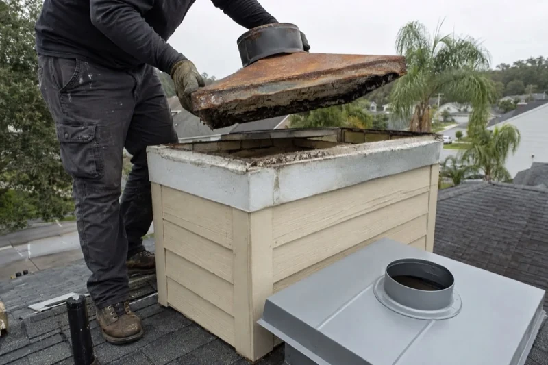Person lifting a rusted cover from a rooftop chimney enclosure, with a silver cover and round collar resting nearby.