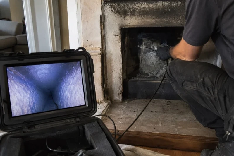 Person holding an inspection cable inside a fireplace beside a portable monitor displaying an interior passage.