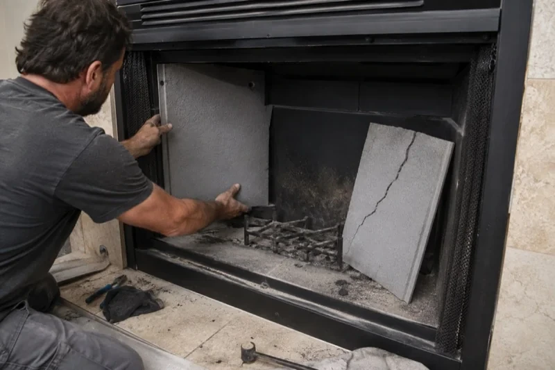 Person holding a grey fireplace panel beside a separate cracked panel
