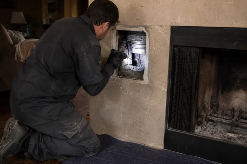 Person shining a flashlight into a rectangular opening beside a fireplace, revealing part of a metal pipe.