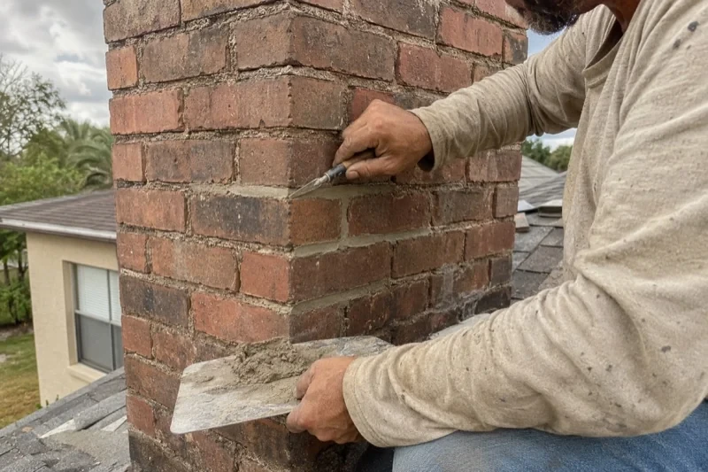 Person applying mortar to a brick chimney joint with a small trowel