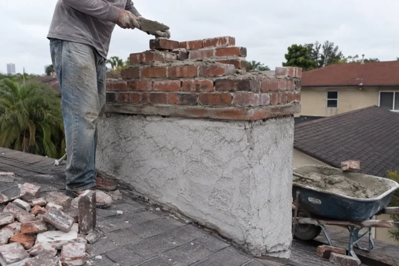 Person holding a mortar-covered trowel above partly built brick courses on a rooftop chimney, with loose bricks and a mixing barrow nearby.