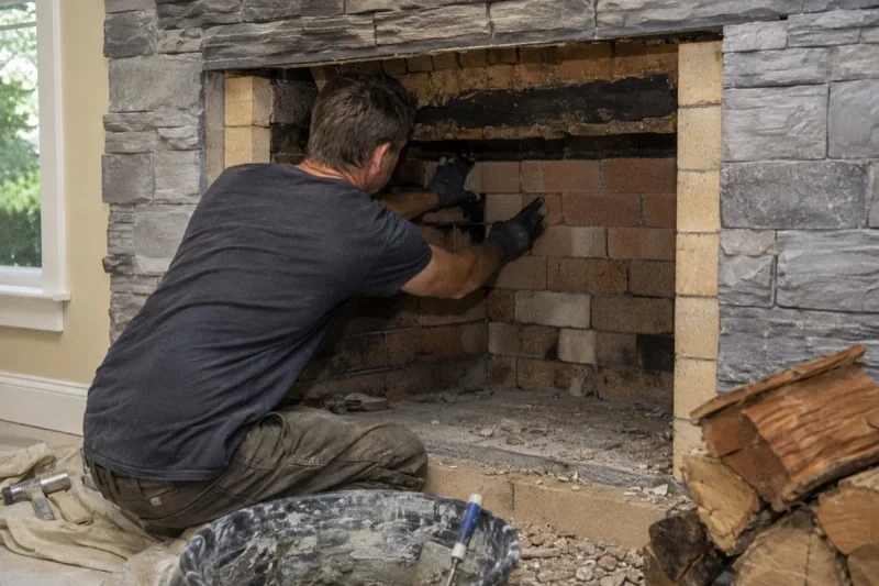 Person kneeling at an open fireplace and positioning bricks against its rear wall, with rubble and a mixing tub on the hearth.